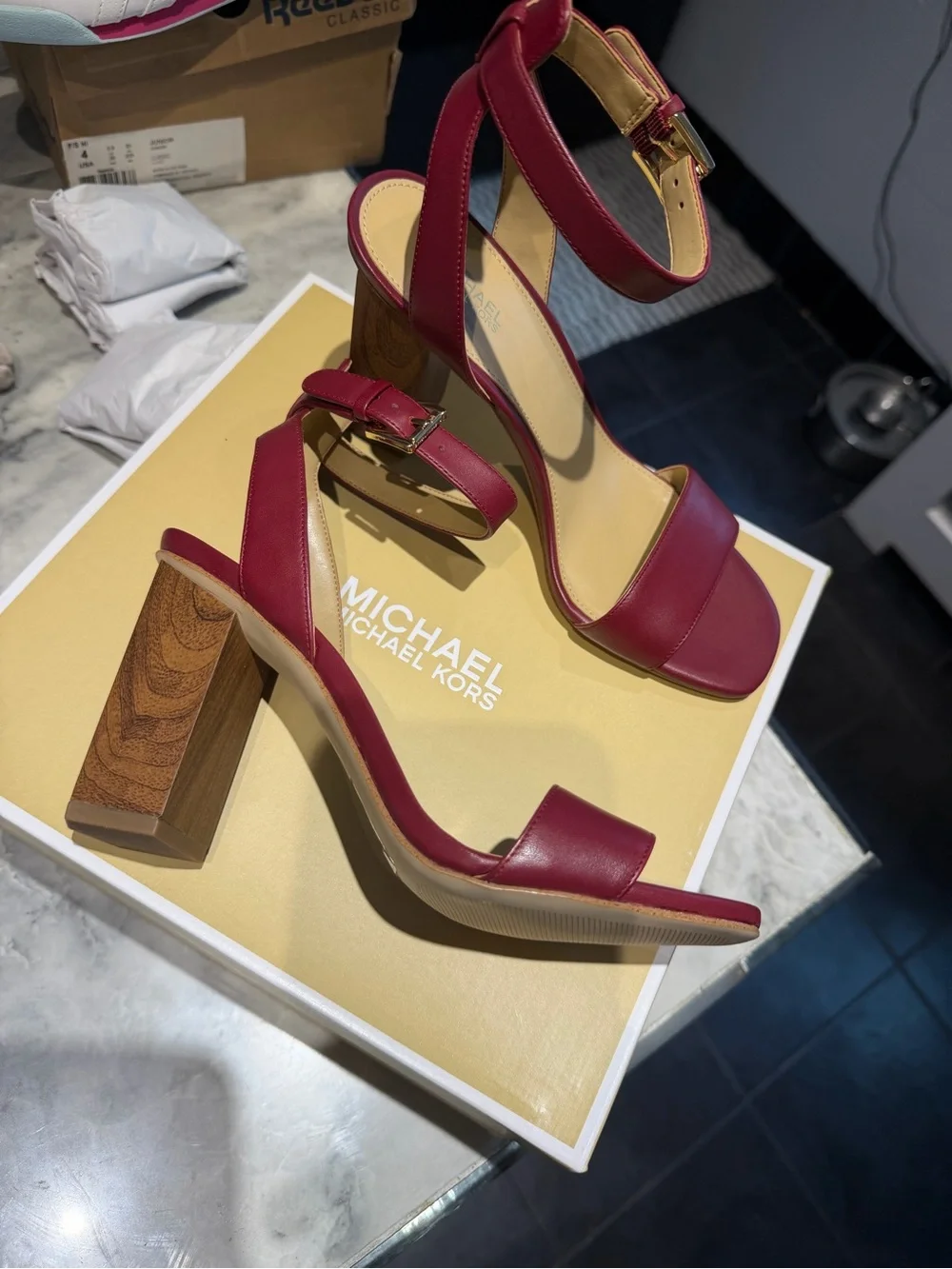 Michael Kors Burgundy Ankle-Strap Block Heel Sandals maroon color